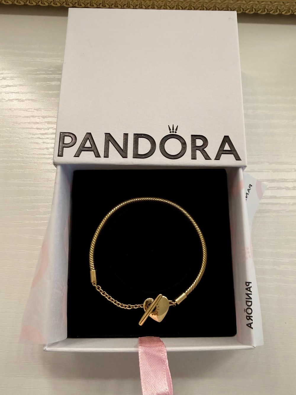Pandora Gold Moments Heart T-Bar Snake Chain Bracelet